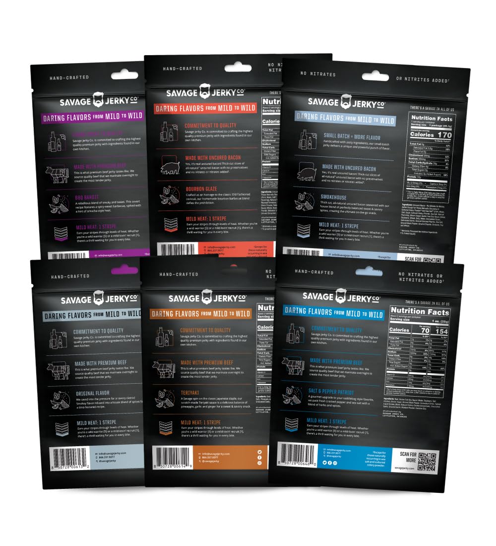 Savage Jerky Co. Bacon & Beef Jerky 6-Pack – Gluten Free, High Protein