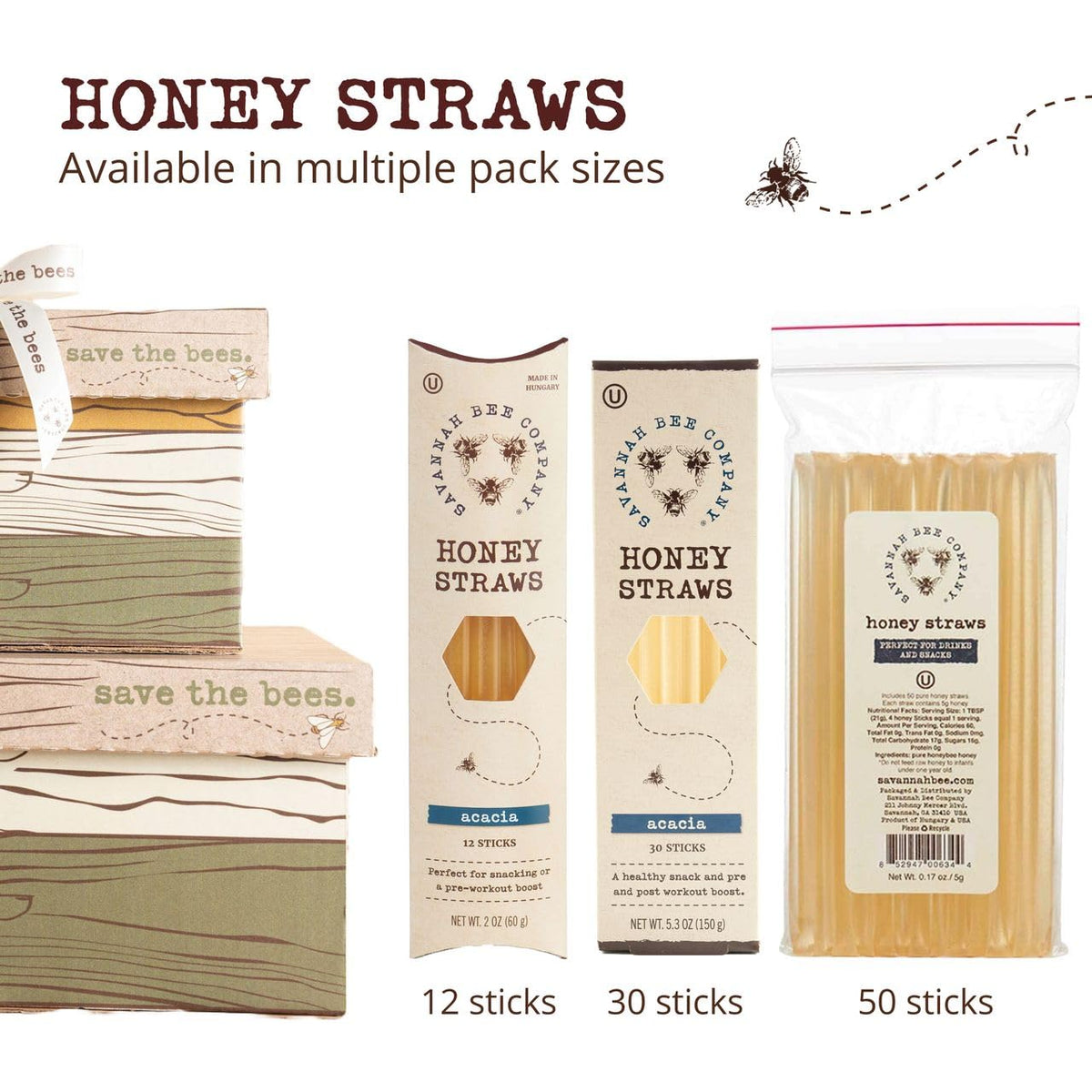 Savannah Bee Company Honey Straws – Pack of 50 | Pure Acacia Honey, Made in USA