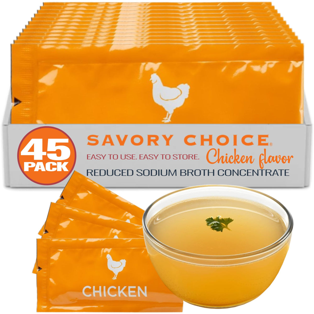 SAVORY CHOICE Reduced Sodium Chicken Broth Concentrate – 45 Packets (9.6g) | Gluten-Free & Dairy-Free
