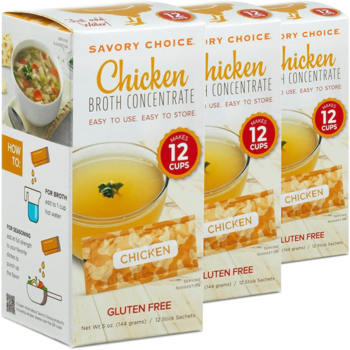 SAVORY CHOICE Chicken Broth Concentrate – Gluten-Free & Dairy-Free, 3 Boxes of 12g Packets
