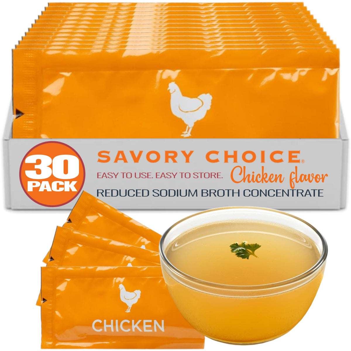 SAVORY CHOICE Reduced Sodium Chicken Broth Concentrate – 30 Packets (9.6g) – Gluten-Free & Dairy-Free