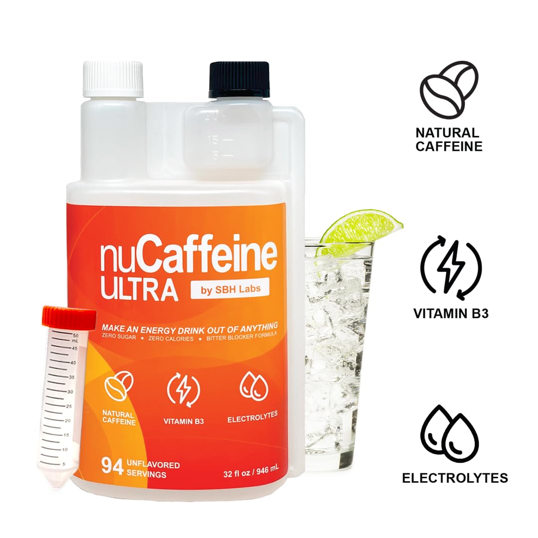 SBH Labs nuCaffeine Ultra – 94 Servings | Natural Caffeine from Coffee Beans + Vitamin B3 + Electrolytes | Zero Sugar, Zero Carbs, Zero Calories | To-go Tube Included