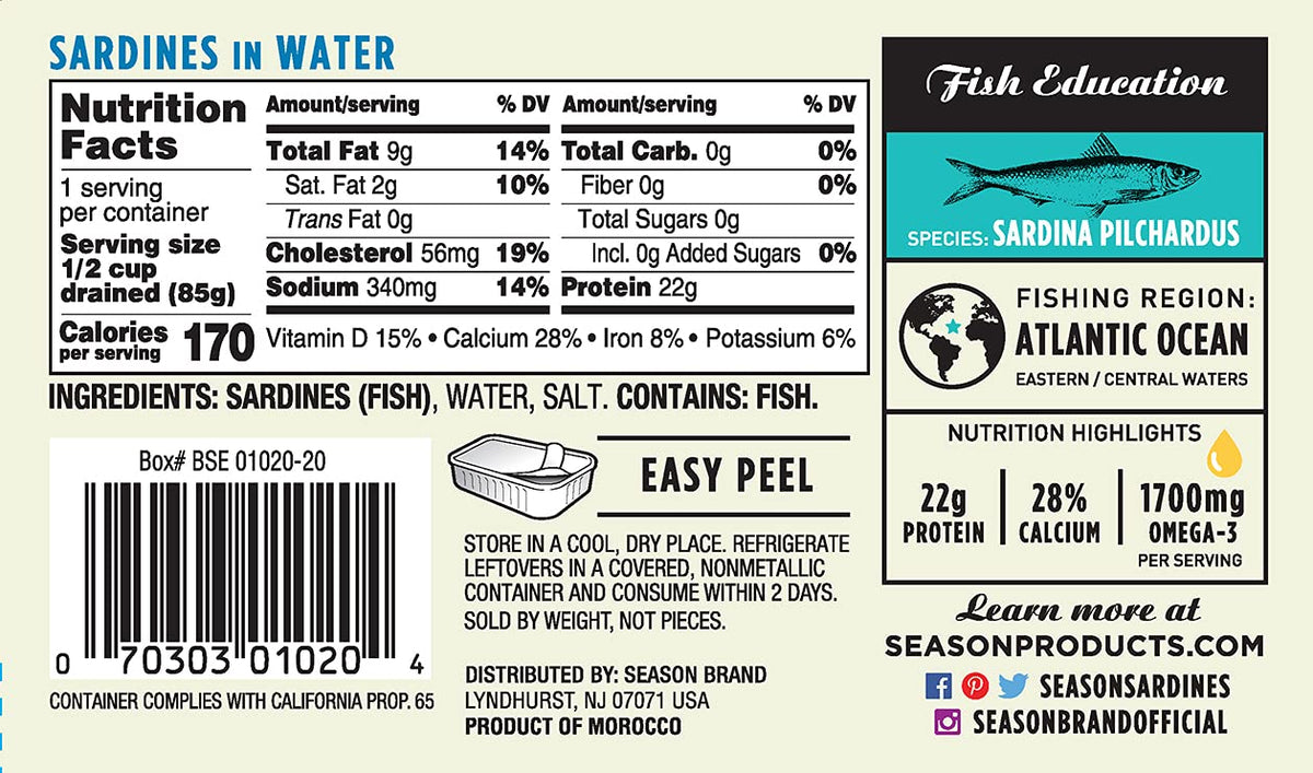 Season Sardines in Water – Wild-Caught, 22g Protein, High Omega-3, Calcium-R-rich | 4.37 oz Cans, 12-Pack