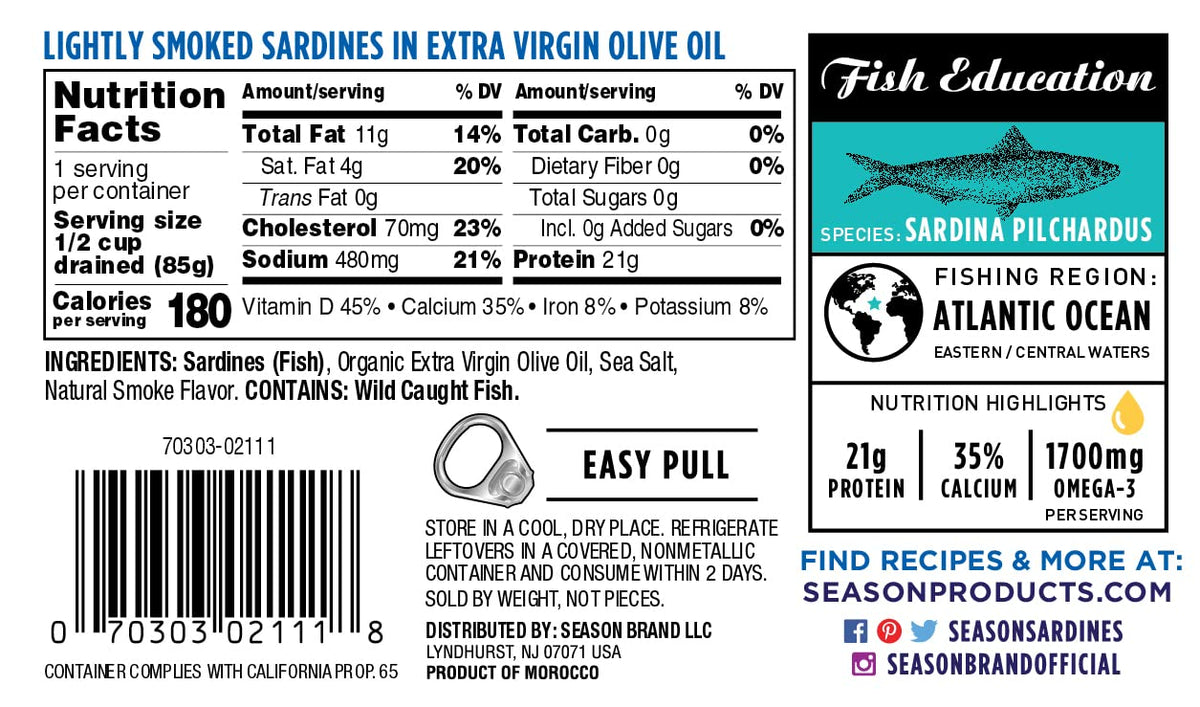 Season Sardines in Extra Virgin Olive Oil - Wild-Caught, Lightly Smoked, 21g Protein, Omega-3 Rich, Kosher, Calcium-Boosting, 4.37 oz Cans (6-Pack)