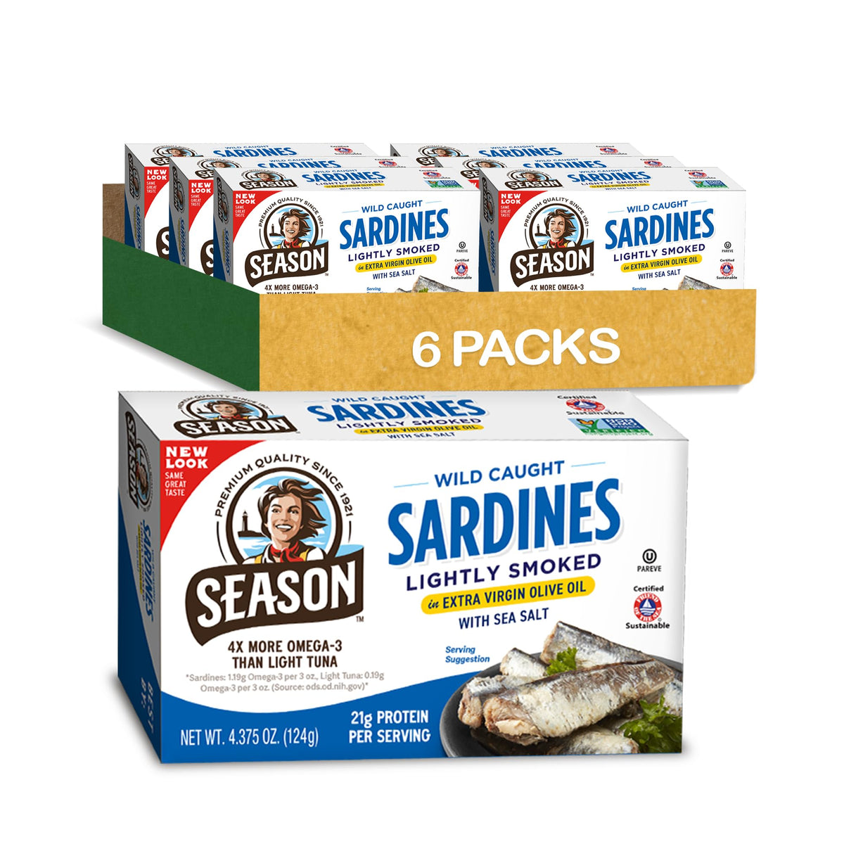 Season Sardines in Extra Virgin Olive Oil - Wild-Caught, Lightly Smoked, 21g Protein, Omega-3 Rich, Kosher, Calcium-Boosting, 4.37 oz Cans (6-Pack)