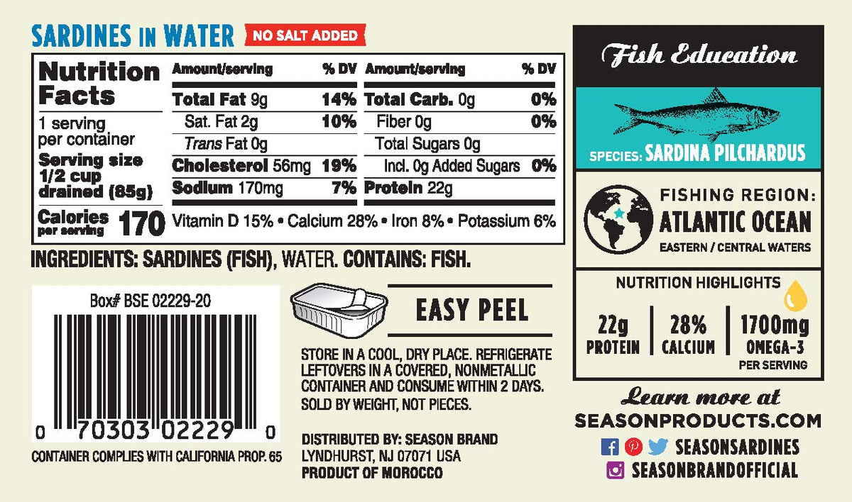 SEASON Sardines in Water - No Salt Added, Wild-Caught, 4.37 oz Tin (12-Pack)