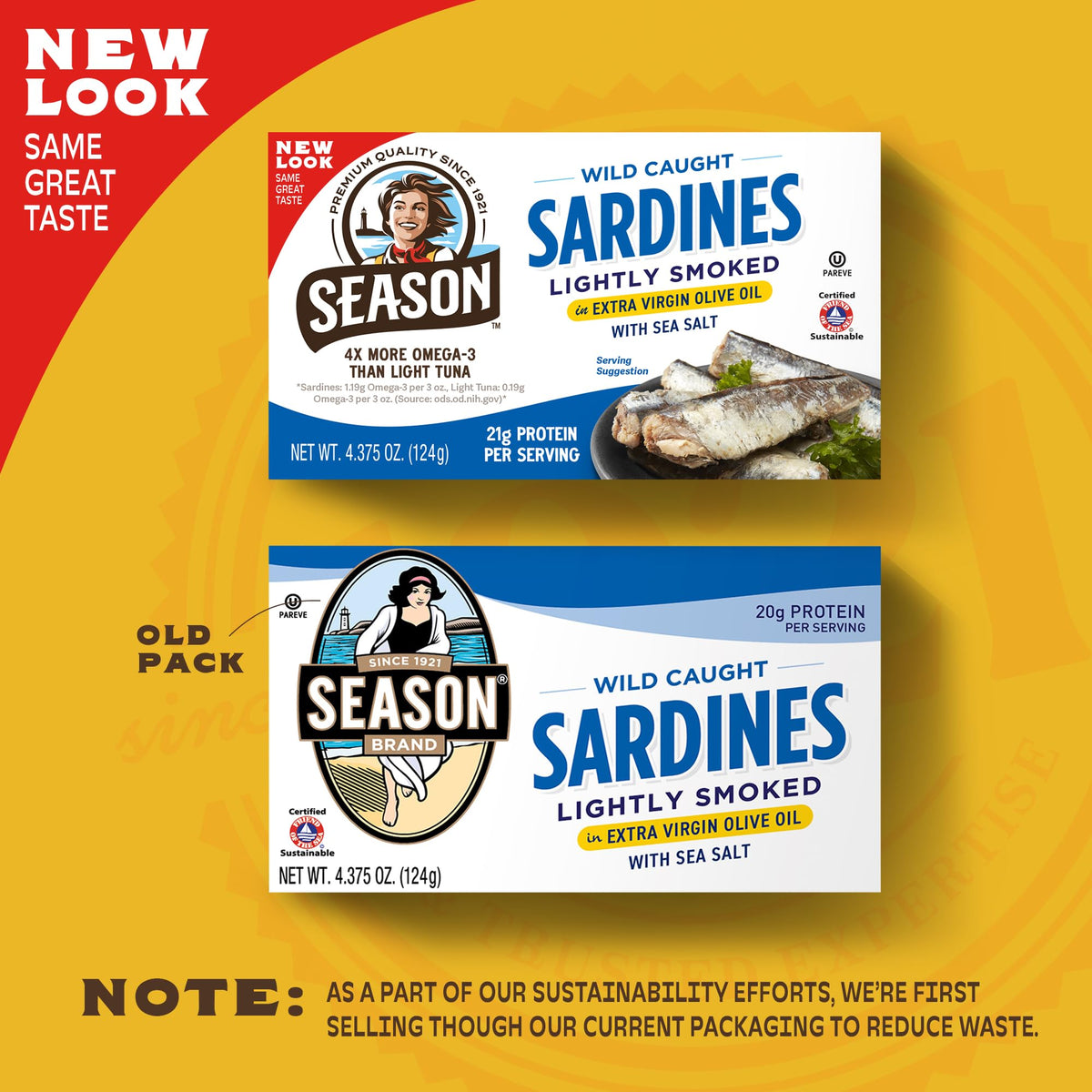 Season Sardines in Extra Virgin Olive Oil - Wild-Caught, Lightly Smoked, 21g Protein, Omega-3 Rich, Kosher, Calcium-Boosting, 4.37 oz Cans (6-Pack)