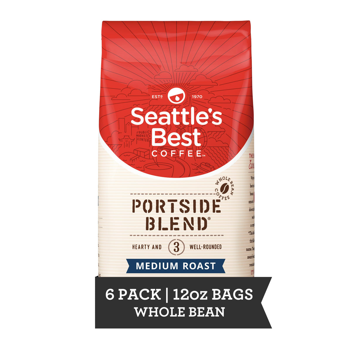 Seattle's Best Coffee Portside Blend Medium Roast Whole Bean – 6 Pack (72 oz)