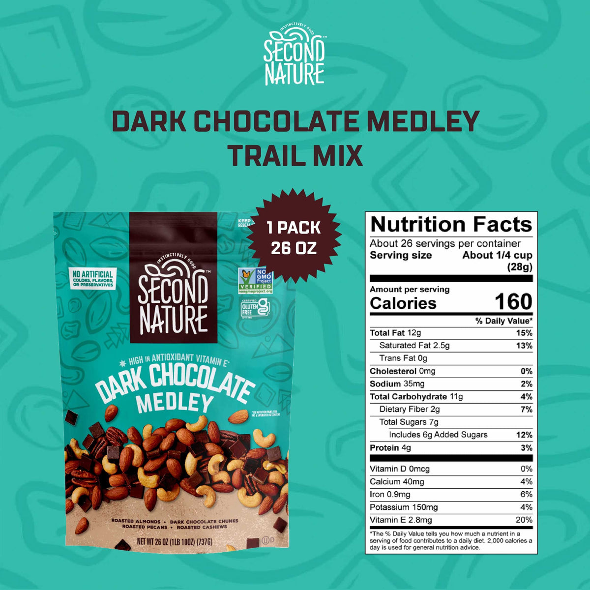 Second Nature Dark Chocolate Medley Trail Mix – 26 oz Resealable Pouch, Gluten-Free & Non-GMO