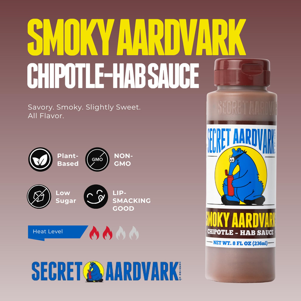 Secret Aardvark Smoky Chipotle Hot Sauce - Mild Heat, Non-GMO, Low Sugar & Low Carb - 8 oz 2 Pack