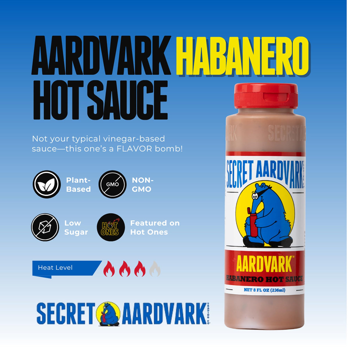 Secret Aardvark Habanero Hot Sauce – Medium Spiced, 64 oz, Non-GMO, Low Sugar, Low Carb