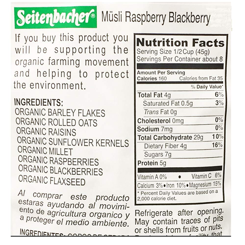 Seitenbacher Muesli Organic Oats, Barley, Raspberry & Blackberry – Wheat Free, 3x13.2 oz, Made in Germany