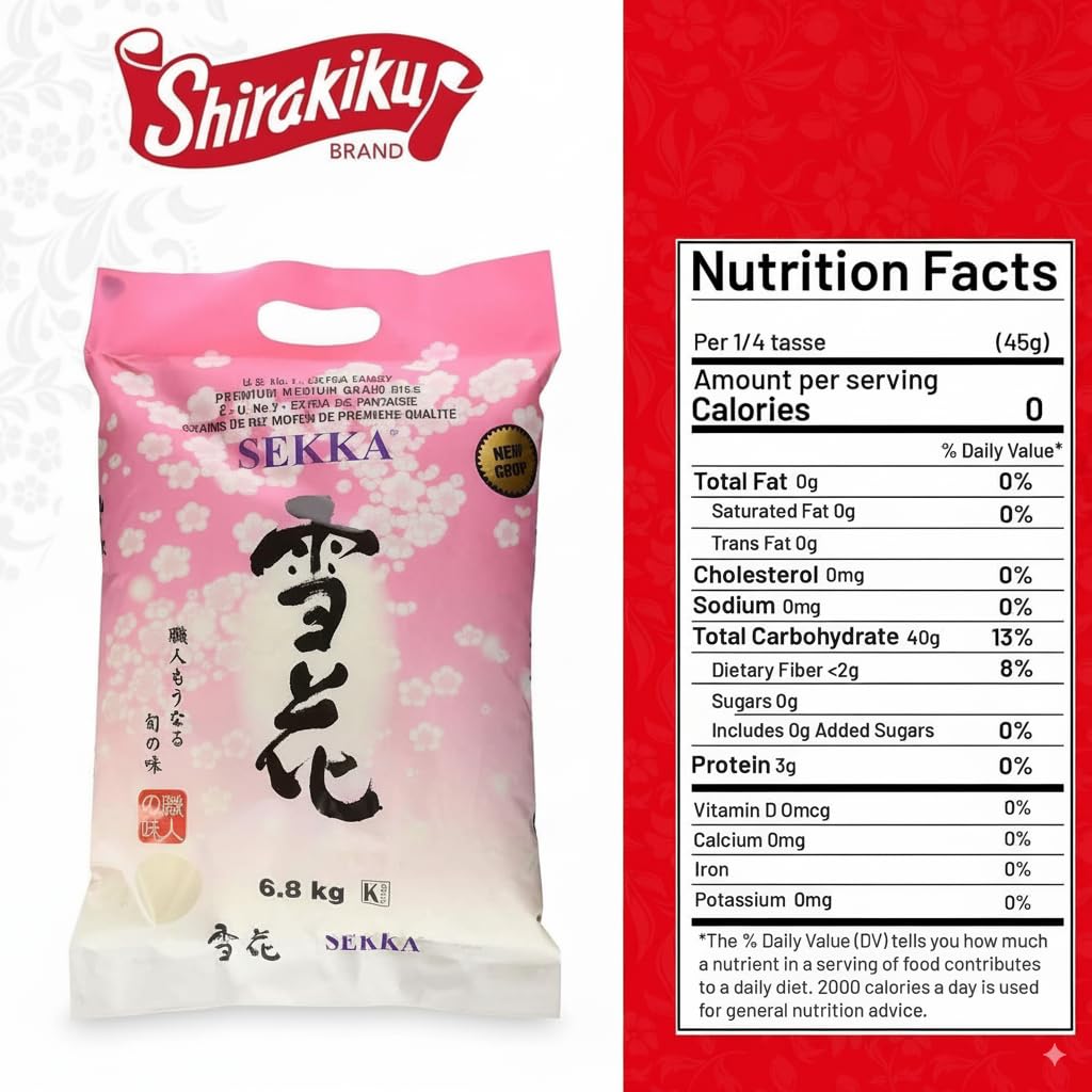 SEKKA Extra Fancy Medium Grain White Rice – Premium Japanese Uncooked Rice, 15 lb (Pack of 1)