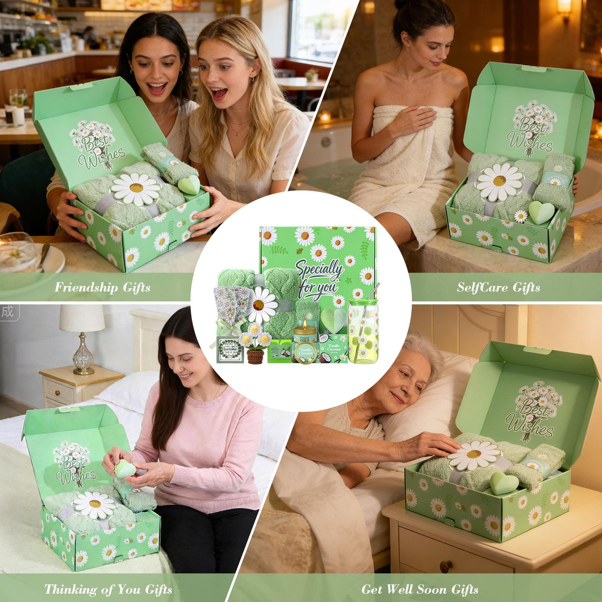 Self Care Gift Basket for Women with Blanket & Tumbler, Daisy Spa Gift Box