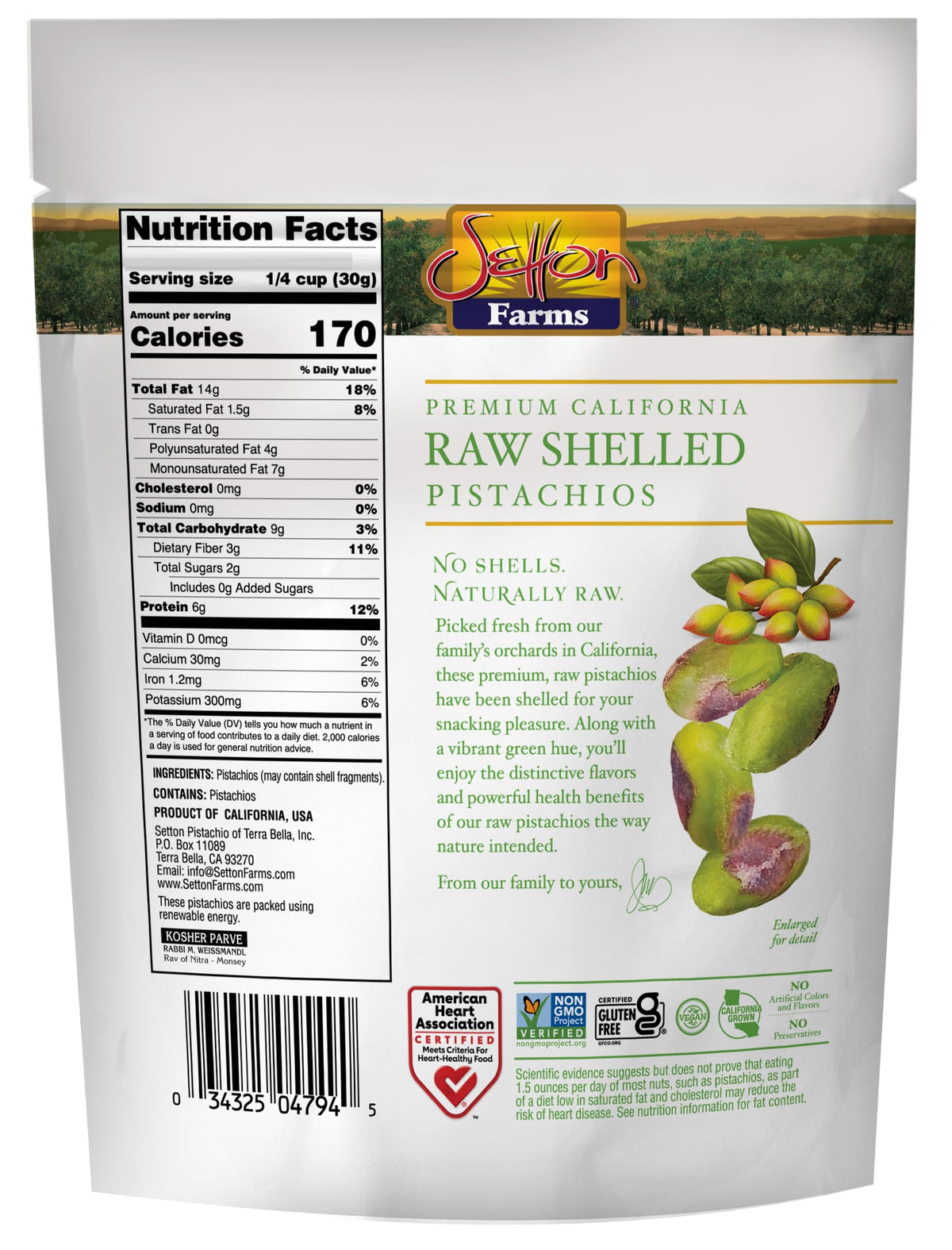 Setton Farms Naturally Raw Shelled Pistachios 20 oz - Non-GMO, Gluten Free, Vegan & Kosher