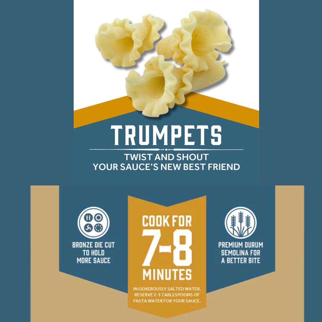 Sfoglini Trumpets Pasta (Organic Durum Semolina) – Campanelle Bell Shape, 4-Pack 16oz