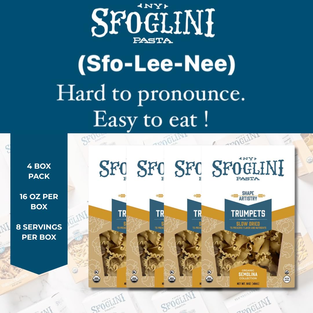 Sfoglini Trumpets Pasta (Organic Durum Semolina) – Campanelle Bell Shape, 4-Pack 16oz