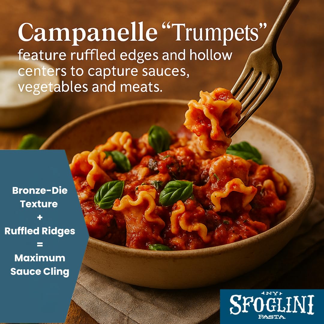 Sfoglini Trumpets Pasta (Organic Durum Semolina) – Campanelle Bell Shape, 4-Pack 16oz