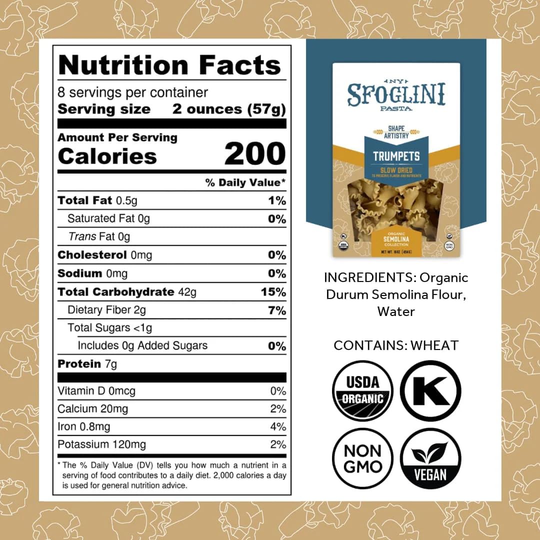 Sfoglini Trumpets Pasta (Organic Durum Semolina) – Campanelle Bell Shape, 4-Pack 16oz