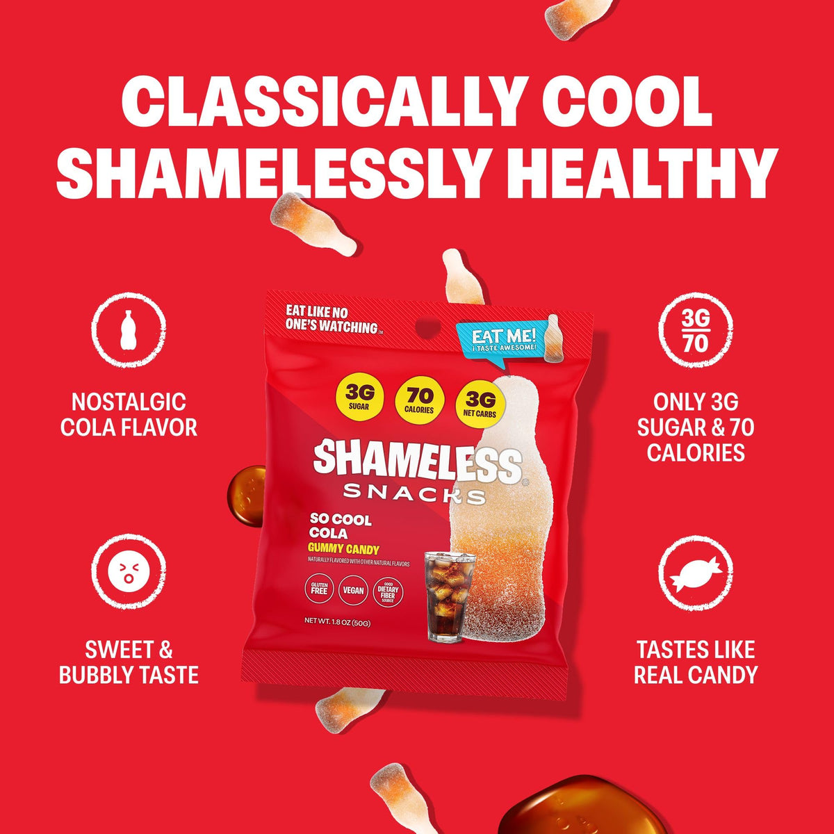 Shameless So Cool Cola Bottle Candy – Low Sugar Gummy, Keto, Vegan & Gluten Free