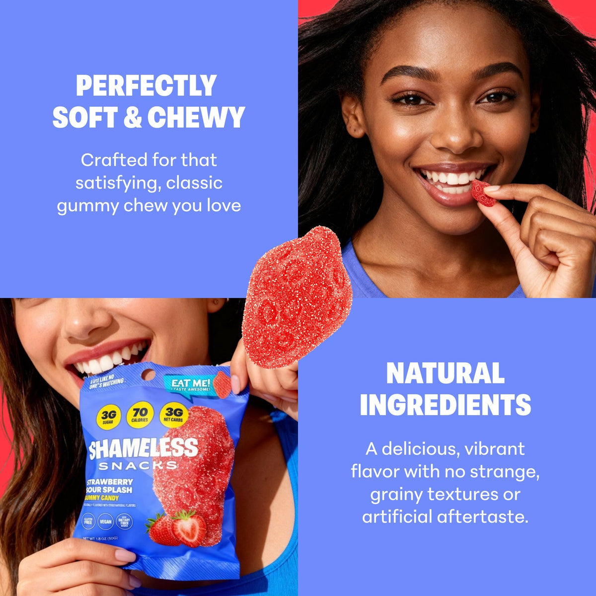 Shameless Snacks Strawberry Sour Splash – Sour Gummies, High Fiber, 3g Sugar, Vegan & Gluten Free