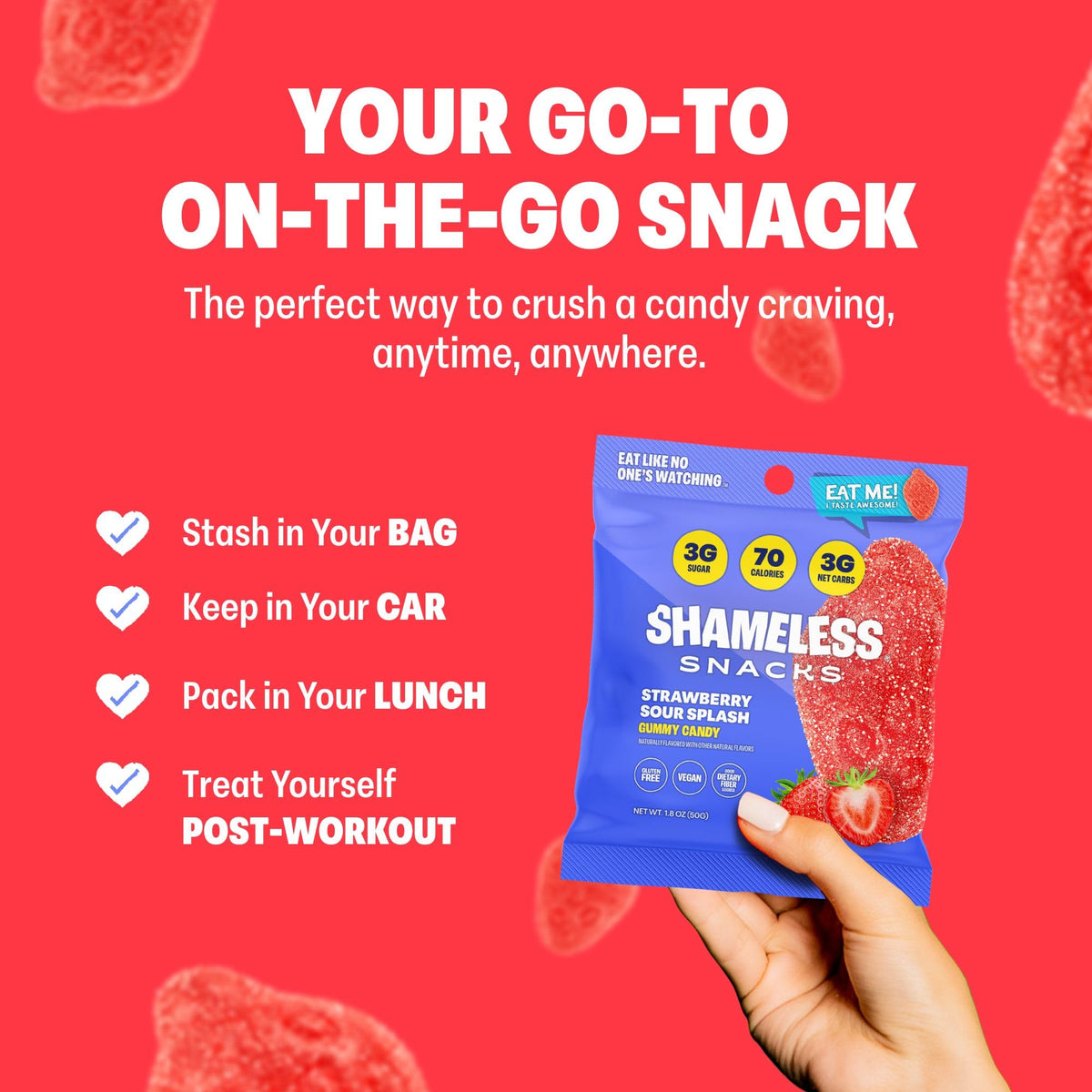 Shameless Snacks Strawberry Sour Splash – Sour Gummies, High Fiber, 3g Sugar, Vegan & Gluten Free