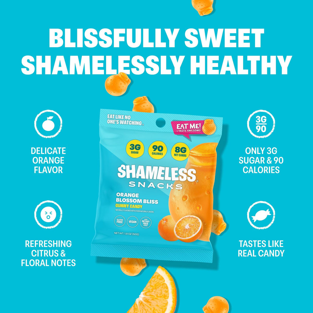 Shameless Snacks Orange Blossom Bliss – Keto Orange Gummy Candy, 3g Sugar, Gluten Free & Vegan