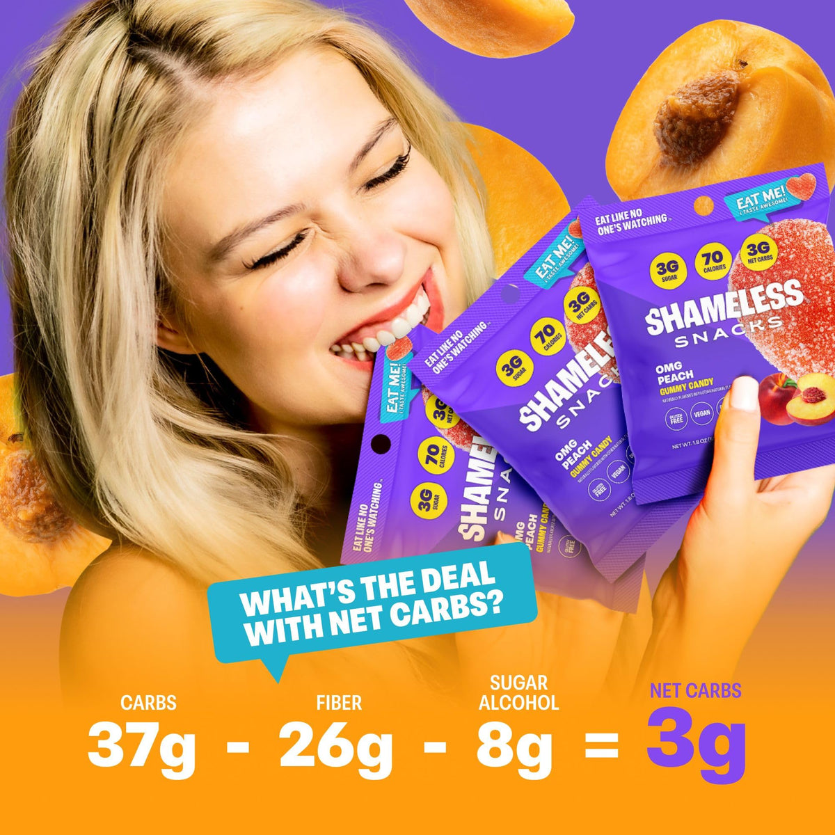 Shameless OMG Peach Sour Candy & Gummies – 3g Sugar, 70 Calories, Keto, Vegan, Gluten-Free