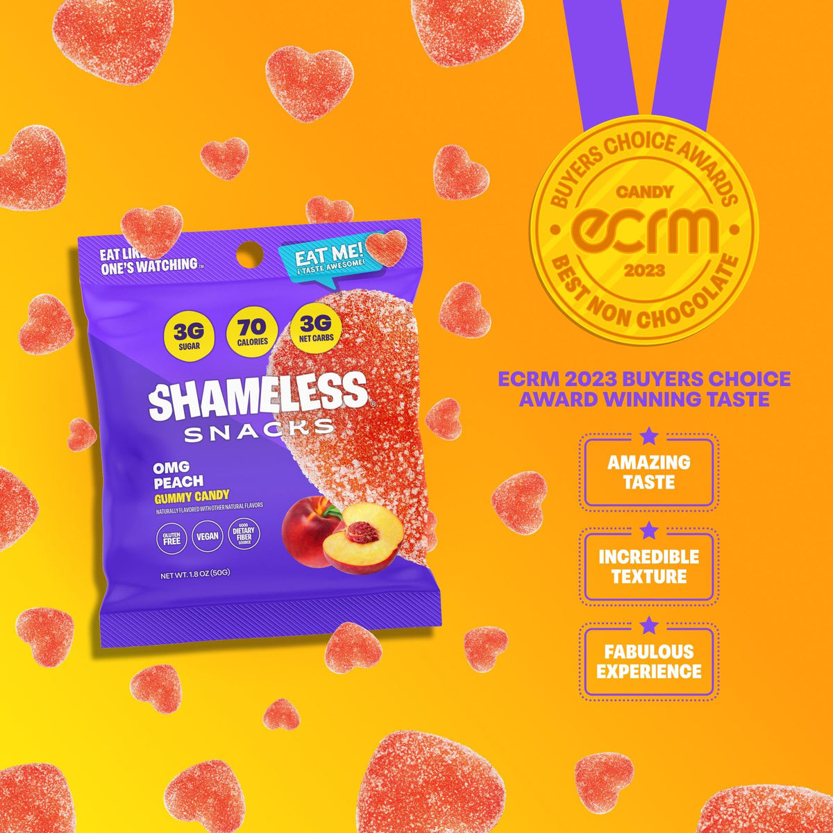 Shameless OMG Peach Sour Candy & Gummies – 3g Sugar, 70 Calories, Keto, Vegan, Gluten-Free