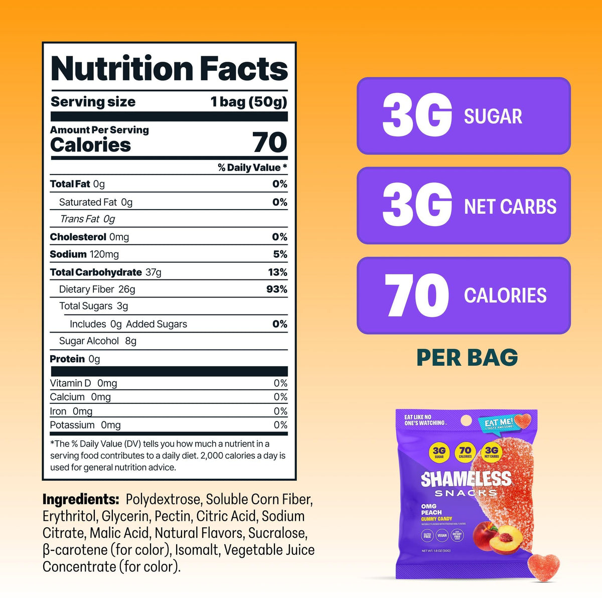 Shameless OMG Peach Sour Candy & Gummies – 3g Sugar, 70 Calories, Keto, Vegan, Gluten-Free