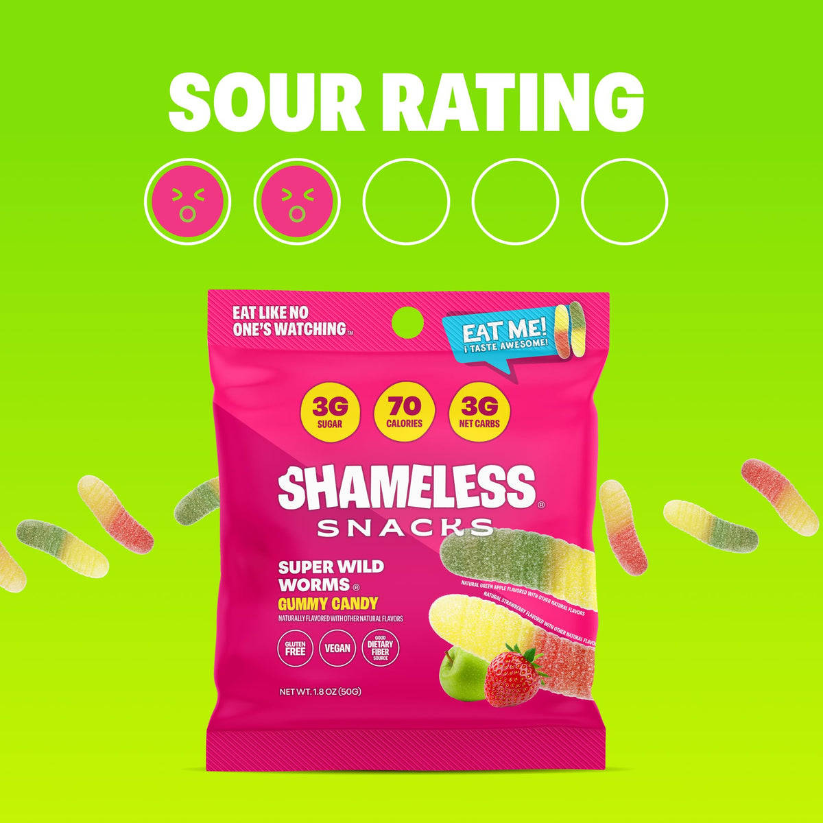 Shameless Snacks Sour Gummy Worms - Low Sugar, Fiber-Rich, Keto Vegan Candy Bulk