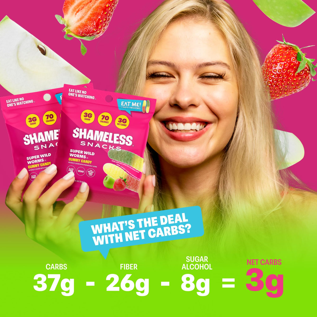 Shameless Snacks Sour Gummy Worms - Low Sugar, Fiber-Rich, Keto Vegan Candy Bulk