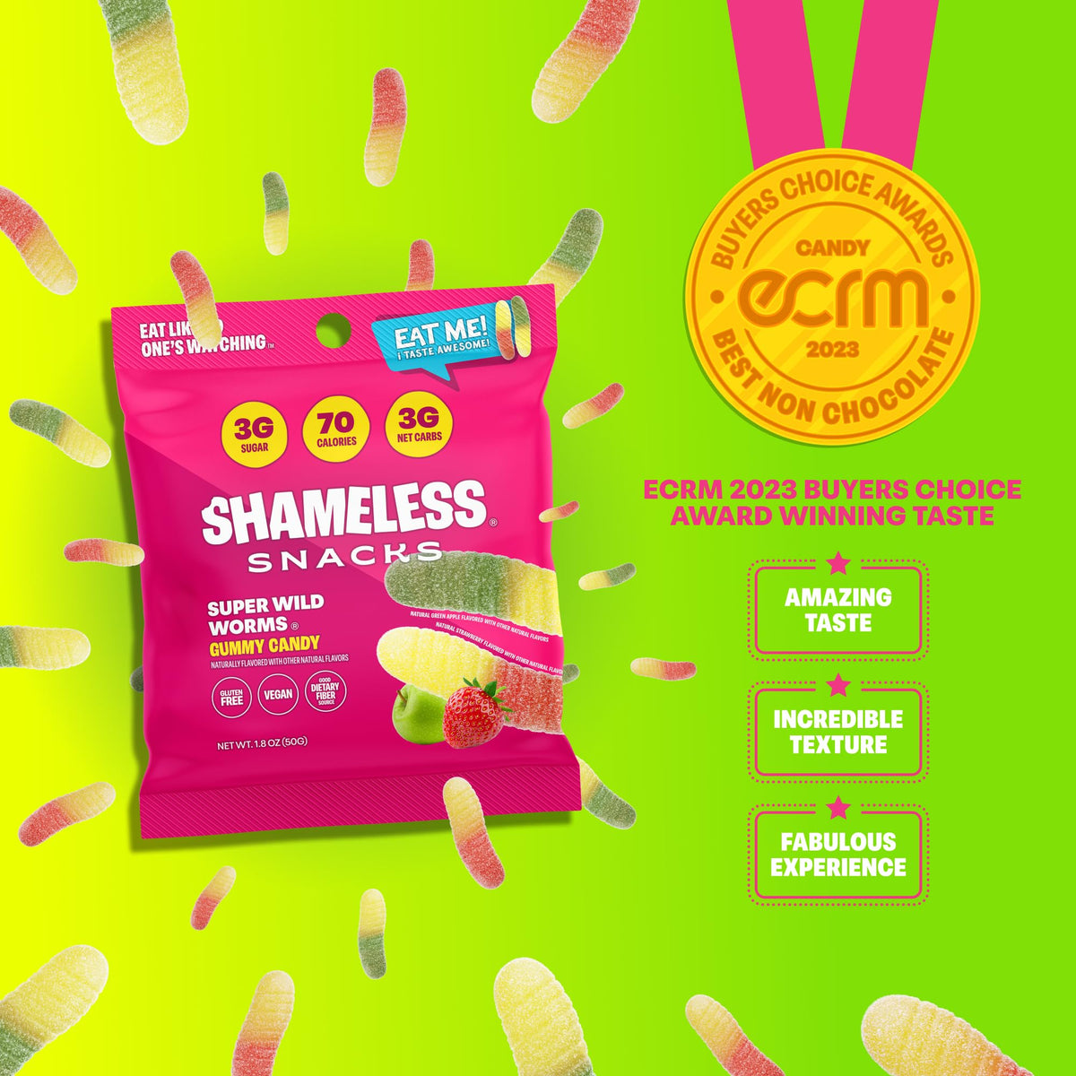 Shameless Snacks Sour Gummy Worms - Low Sugar, Fiber-Rich, Keto Vegan Candy Bulk