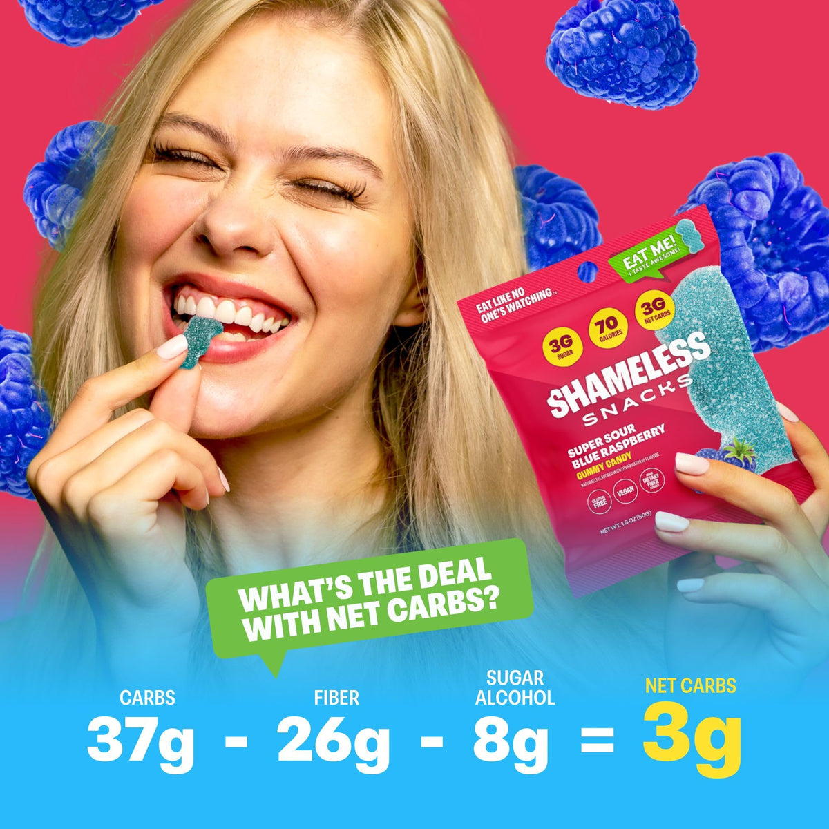 Shameless Snacks Super Sour Blue Raspberry – Keto, Vegan, Gluten Free Sour Gummies & Fruit Snacks