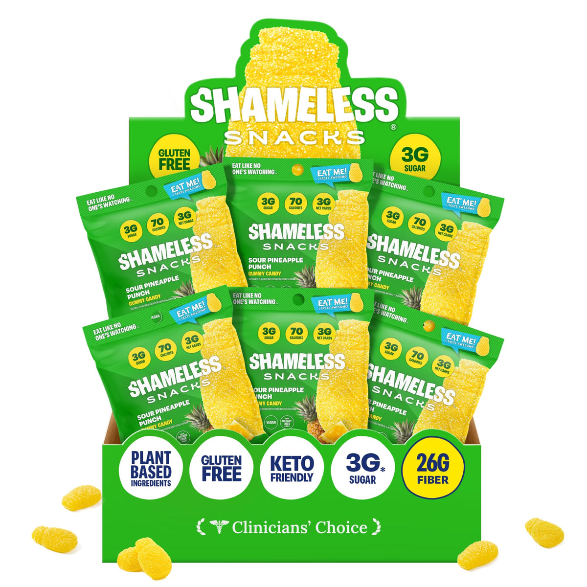 Shameless Sour Pineapple Punch Gummies – Keto, Gluten Free, Vegan, 3g Sugar, 70 Calories per Bag