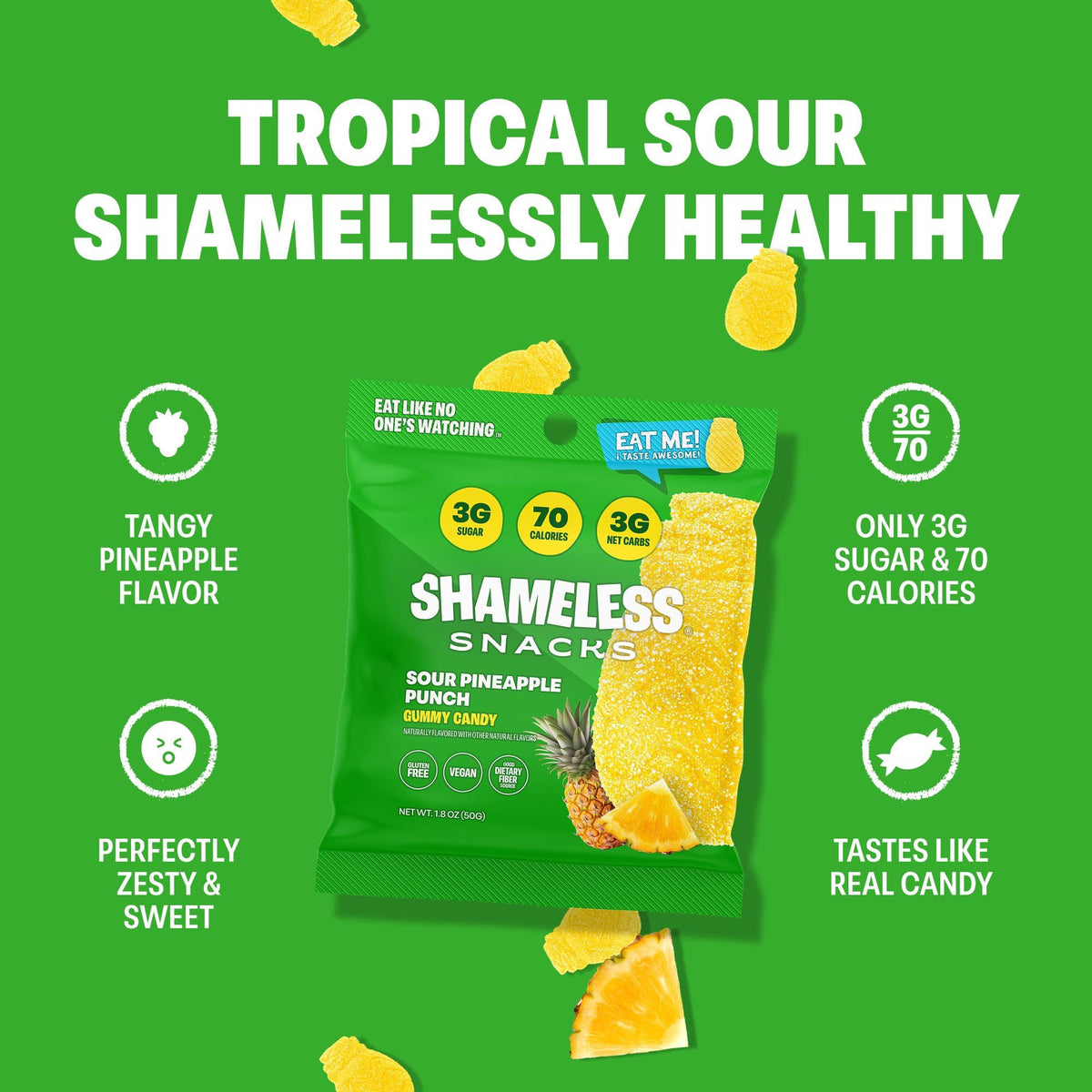 Shameless Sour Pineapple Punch Gummies – Keto, Gluten Free, Vegan, 3g Sugar, 70 Calories per Bag