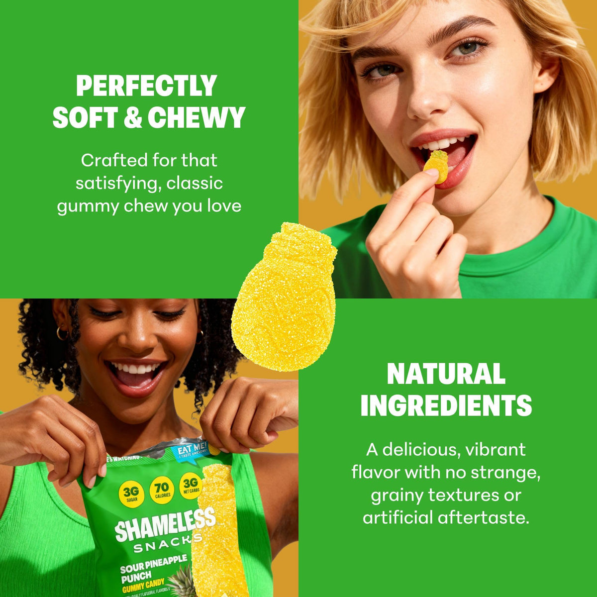 Shameless Sour Pineapple Punch Gummies – Keto, Gluten Free, Vegan, 3g Sugar, 70 Calories per Bag