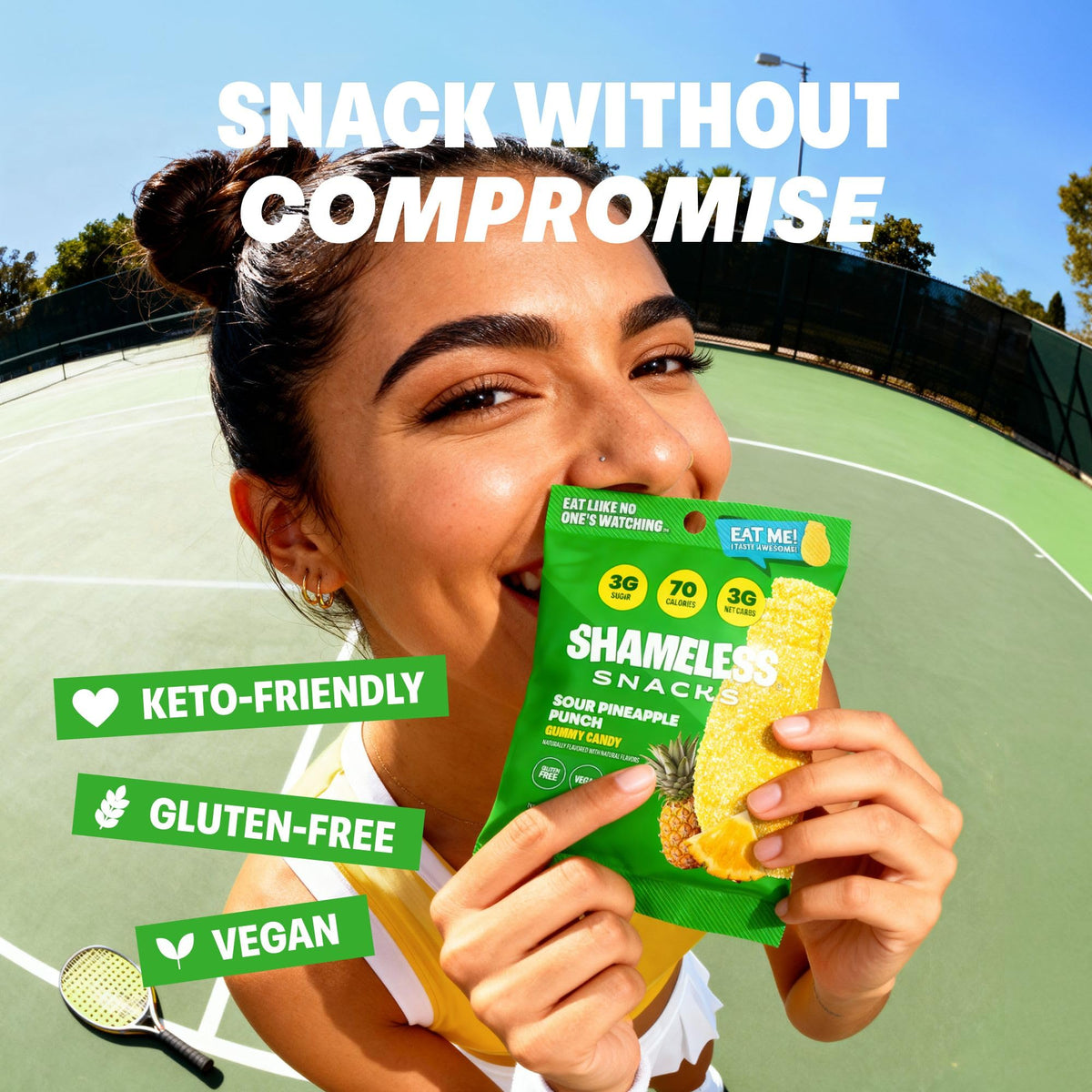 Shameless Sour Pineapple Punch Gummies – Keto, Gluten Free, Vegan, 3g Sugar, 70 Calories per Bag