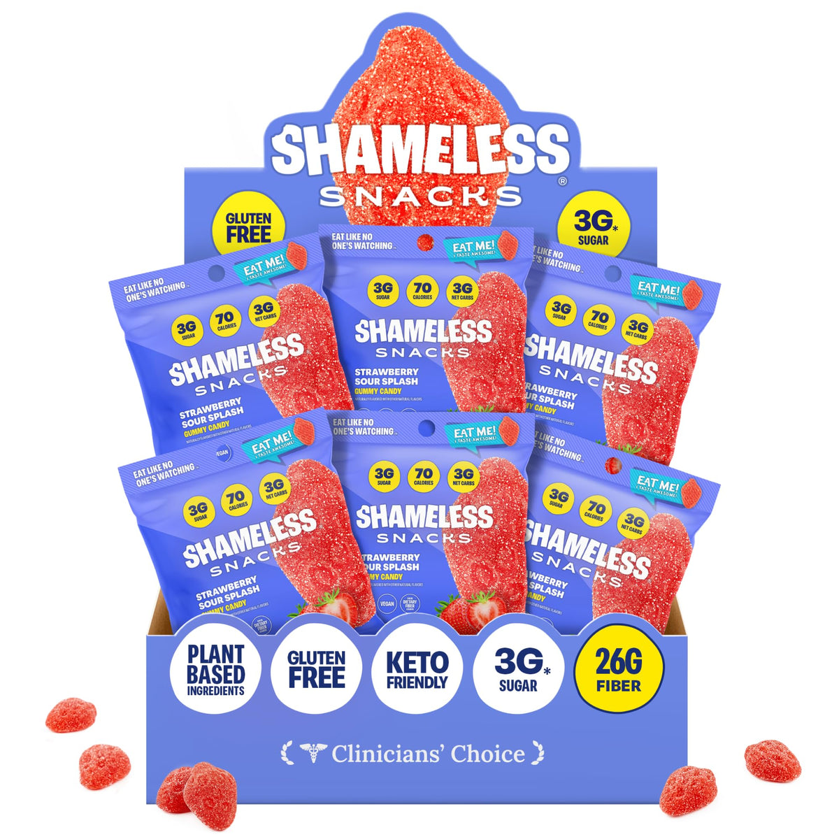 Shameless Snacks Strawberry Sour Splash – Sour Gummies, High Fiber, 3g Sugar, Vegan & Gluten Free