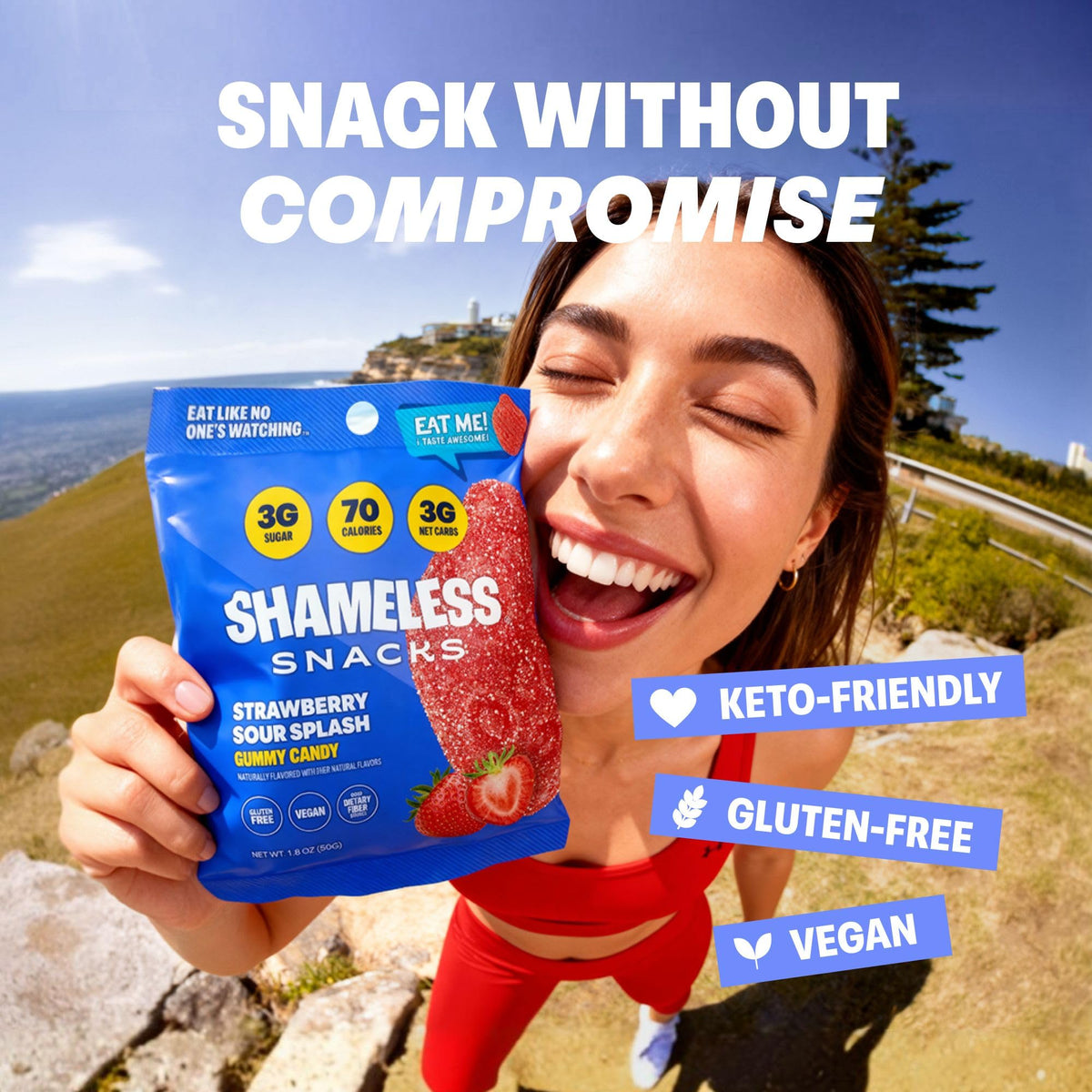 Shameless Snacks Strawberry Sour Splash – Sour Gummies, High Fiber, 3g Sugar, Vegan & Gluten Free