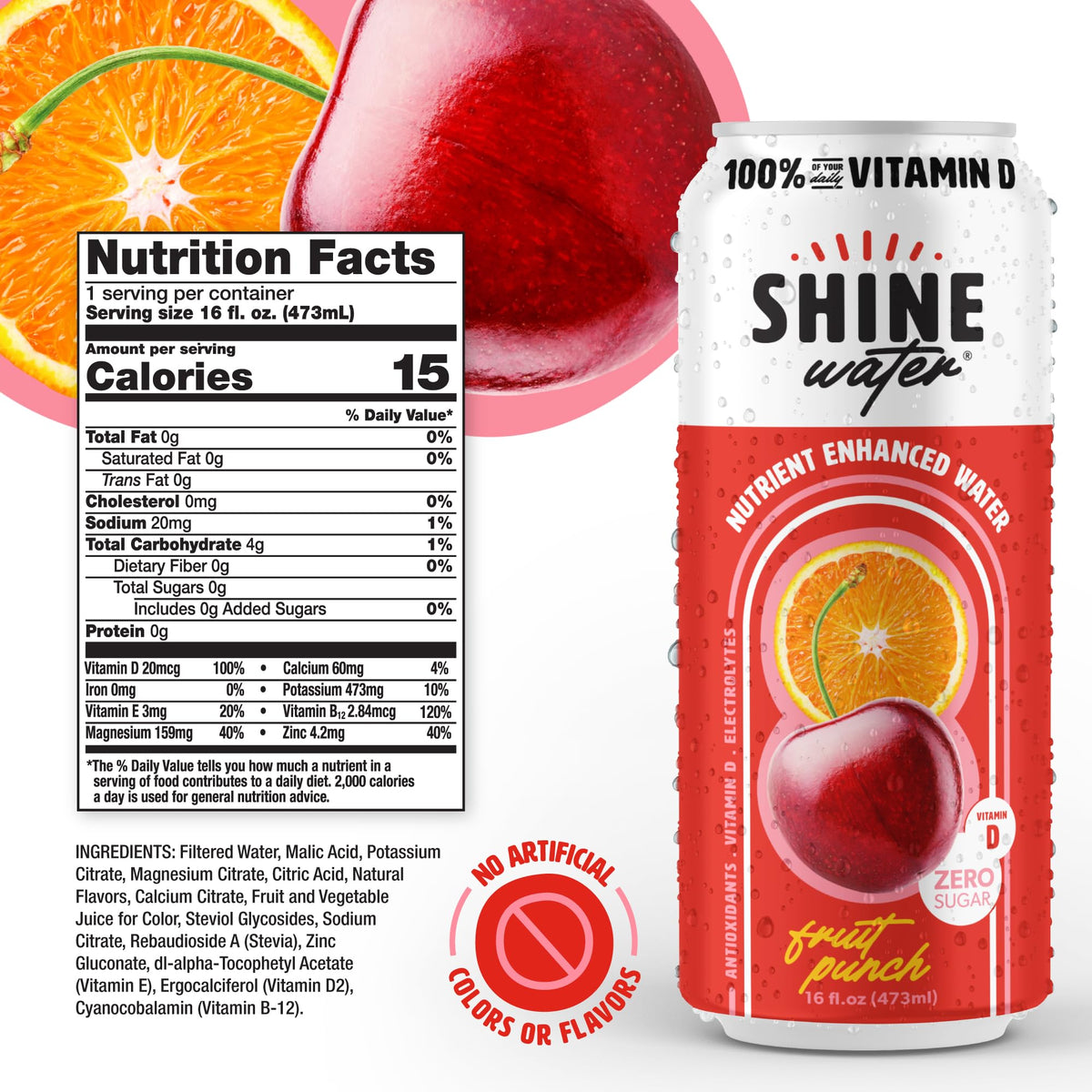 ShineWater Fruit Punch Vitamin D Electrolyte Drink – Zero Sugar, Low-Calorie Hydration 12-Pack