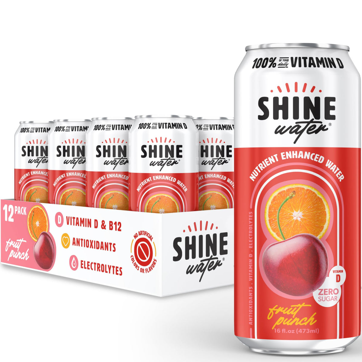 ShineWater Fruit Punch Vitamin D Electrolyte Drink – Zero Sugar, Low-Calorie Hydration 12-Pack