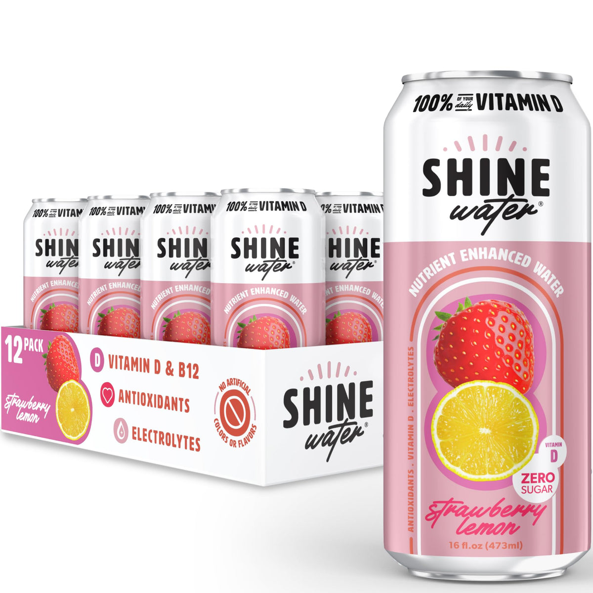 ShineWater Strawberry Lemon Vitamin D Electrolyte Drinks 12-Pack – Zero Sugar, Low-Calorie Hydration