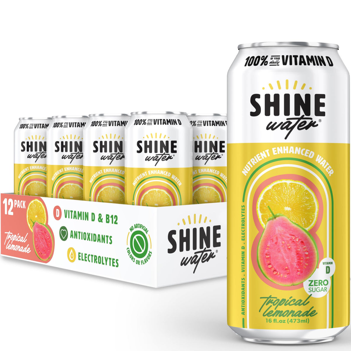 ShineWater Tropical Lemonade Vitamin D Electrolyte Drink 12-Pack – Zero Sugar, Low Calorie