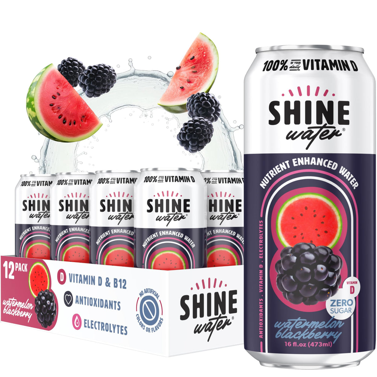 ShineWater Watermelon Blackberry Vitamin D Electrolyte Drink 12-Pack | Zero Sugar, Low-Cal Hydration
