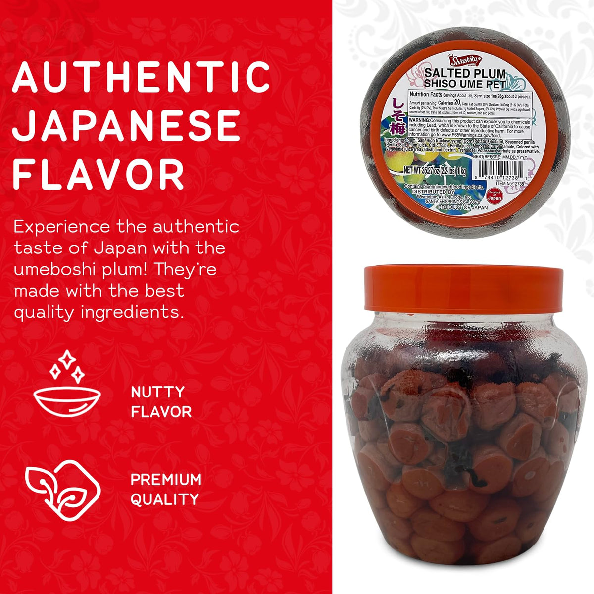 Shirakiku Salted Plums Shiso Ume – Umeboshi for Noodles, Rice Balls, Sandwiches | 2.2lb Jar
