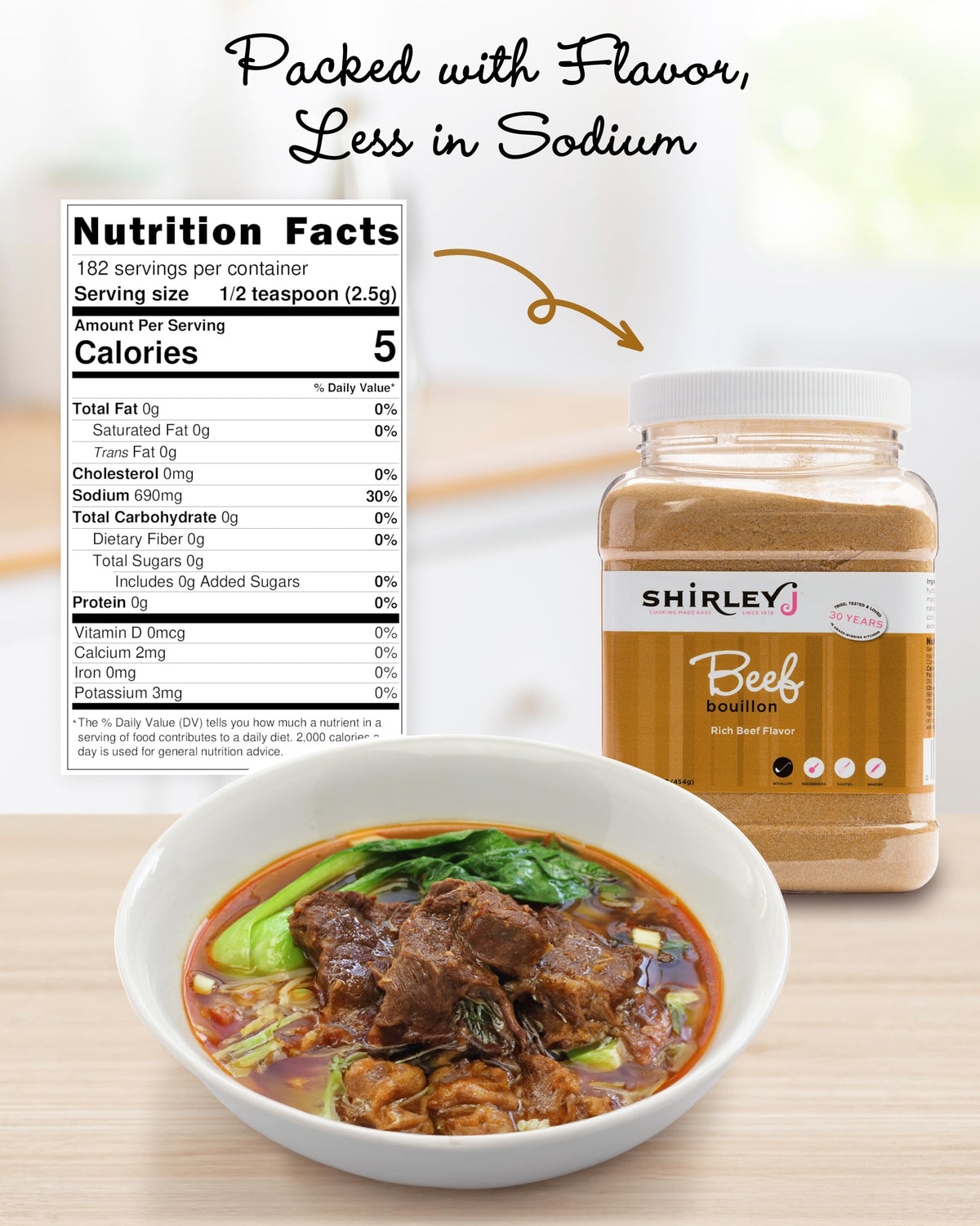 Shirley J Rich Beef Bouillon Powder – Lower Sodium, Instant Gourmet Base, Replaces 30+ Cartons (1lb Jar)