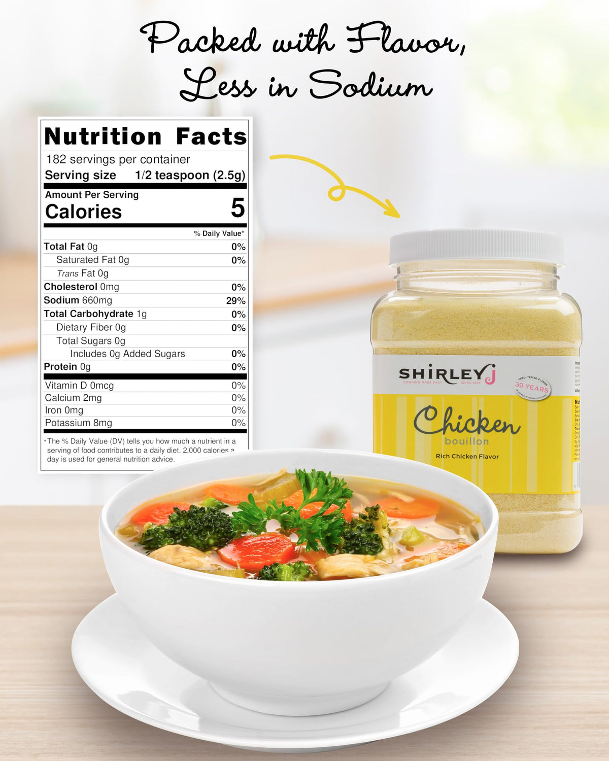 Shirley J Rich Chicken Bouillon Powder — Instant Gourmet Base, Lower Sodium, Replaces 30+ Cartons