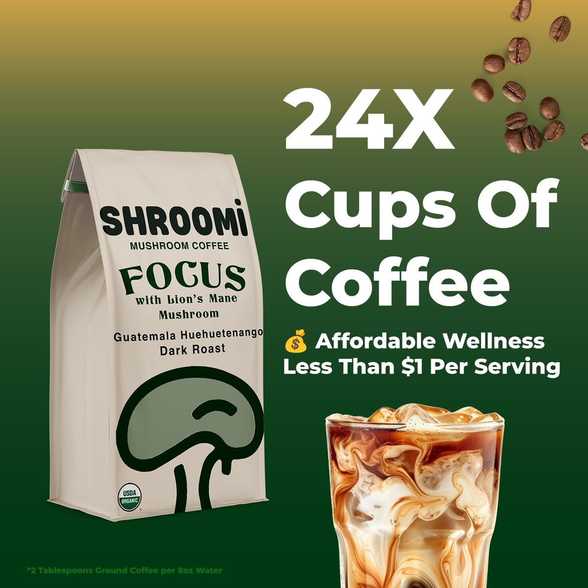 Shroomi Mushroom Focus Coffee – 16,000mg Lions Mane, Reishi & Chaga | Dark Roast 10oz
