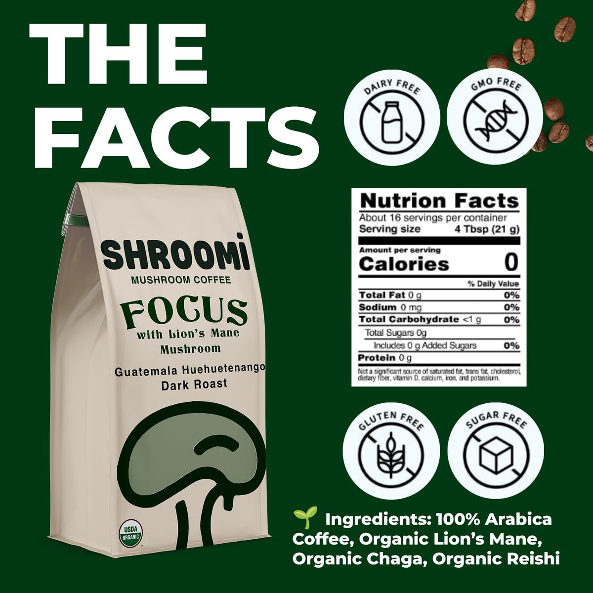 Shroomi Mushroom Focus Coffee – 16,000mg Lions Mane, Reishi & Chaga | Dark Roast 10oz